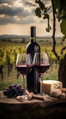 Wall Mural - wine bottle with red wine with two wineglasses, grape and different types of cheese on the restaurant table outdoors, background of vineyard fields with grape