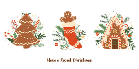 christmas gingerbread cookies set. tasty winter baked isolated vector element. cute dessert decorate