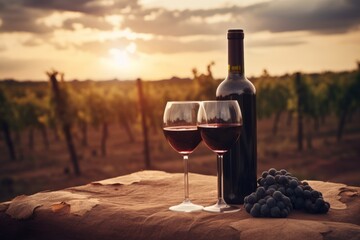 Wall Mural - wine bottle with red wine with two wineglasses, grape and different types of cheese on the restaurant table outdoors, background of vineyard fields with grape