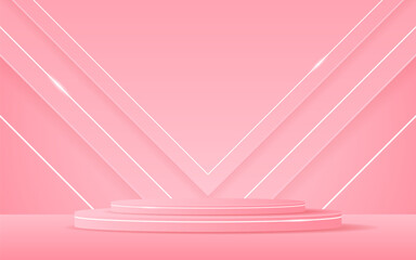 Aufkleber - Pink podium with pink triangle and white lines on the back for product presentation. Cosmetic product display. Stage or podium. vector illustration