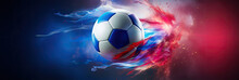 Soccer Ball In An Explosion Of Blue, White And Red Color In Creative Effect, Soccerball Flying In The Air, Original Graphic Wallpaper For An Action Sport
