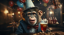 Cute Monkey Dressed In Formal Clothes And A Party Hat. Made With Generative AI.