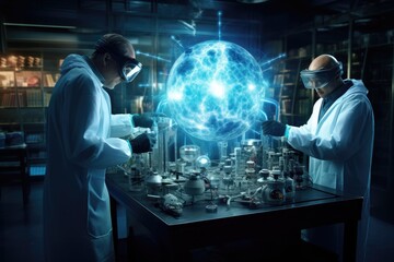 Poster - Science and technology concept. Double exposure of two scientists working with liquids in laboratory, Team of Medical Research Scientists Work on a New Generation Disease Cure, AI Generated