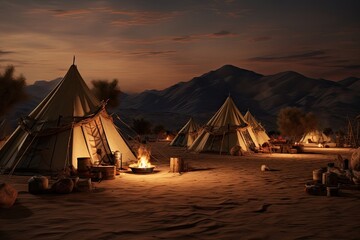 Sticker - Tent camp in the desert at sunset, Namibia, Africa, tent encampment in a desert environment, AI Generated