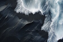 Aerial View Of Ocean Waves Breaking On Sandy Beach. 3d Rendering, The Black Sand Beach In Iceland. Sea Aerial View And Top View, AI Generated