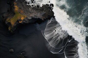Wall Mural - Aerial view of black volcanic sand with ocean waves in Iceland, The black sand beach in Iceland. Sea aerial view and top view, AI Generated