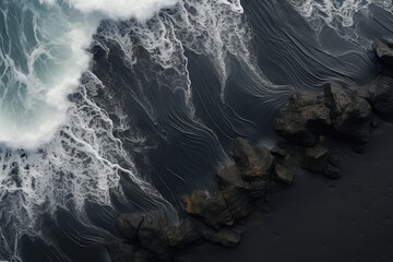 Canvas Print - Aerial view of waves crashing on black sand beach in Iceland, The black sand beach in Iceland. Sea aerial view and top view, AI Generated