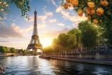 Fototapeta Boho - Eiffel Tower in Paris, France at sunset. Beautiful view of the Eiffel Tower from the Seine, Female tourist sightseeing the Eiffel tower and taking pictures, rear view, full body, AI Generated