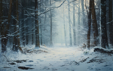 Wall Mural - Floresta durante a queda de neve, vista atmosférica de inverno