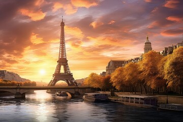 Poster - The Eiffel Tower in Paris, France at sunset. Beautiful landscape, Female tourist sightseeing the Eiffel tower and taking pictures, rear view, full body, AI Generated