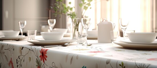 Poster - The light from the window softly illuminates the abstract floral pattern on the white tablecloth, adding a touch of summer to the wooden table in the background of the room. The design combines the