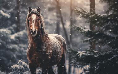 Wall Mural - cavalo em cenário de inverno com neve 