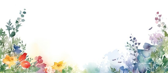 In a vintage-inspired fashion illustration, a colorful watercolor background frames a spring scene with vibrant flowers and leaves painted in a whimsical silhouette style, creating a beautiful border