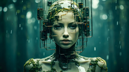 Poster - Portrait of a female robot in a futuristic environment.