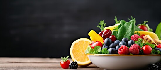 Wall Mural - On a wooden table in a secluded spot surrounded by nature, a healthy bowl of colorful fruits and vegetables with green leaves is beautifully arranged on a white plate, creating a visually refreshing