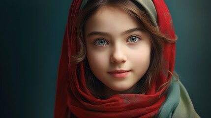 Canvas Print -  a young girl with a red scarf around her head and a green shawl over her head is looking at the camera.