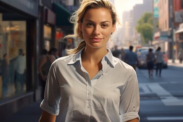 Wall Mural - Portrait of a glad woman in her 30s donning a classy polo shirt against a bustling city street background. AI Generation