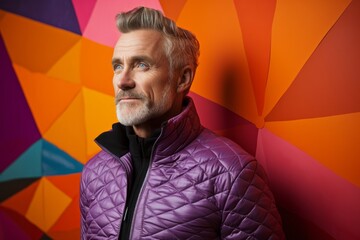 Canvas Print - Portrait of a blissful man in his 50s sporting a quilted insulated jacket against a vibrant yoga studio background. AI Generation