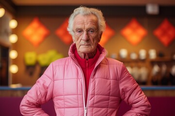 Canvas Print - Portrait of a content man in his 80s sporting a quilted insulated jacket against a vibrant yoga studio background. AI Generation