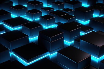 Canvas Print -  a large group of cubes that are lit up with blue lights in the middle of a room filled with black cubes.