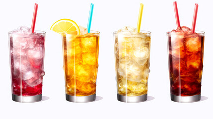 set of cocktails with ice on a white background