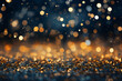 Blurred image of gold glitter on a black background. The glitter is densely packed and appears to be sparkling. The black background creates a contrast that makes the gold glitter stand out.