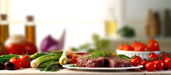 Wall Mural - background of the bright white kitchen, a wooden table adorned with a green ornament displayed a plate loaded with healthy, colorful food a blackened meat cooked to perfection, surrounded by vibrant