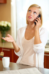 Wall Mural - Woman, phone call and conversation in kitchen, news and communication on technology at home. Female person, smartphone and discussion or tea, connection and newspaper or newsletter, chat and talk