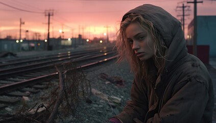 A contemplative young woman in a hood sits by railway tracks against a sunset sky.