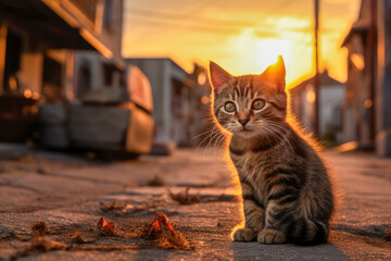 Wall Mural - Cute tabby kitten sitting on the street at sunset time.