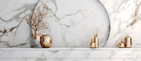 Poster - The abstract pattern on the white marble wall brings an element of luxury to the retro-inspired interior design, with its intricate construction and artistic blend of textures, creating a captivating