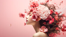 Beautiful Woman With Pink Flowers In Her Hair.