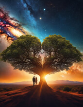 A Couple Standing Under A Tree With A Heart Shaped Tree In The Middle Of It With A Colorful Sky And Stars