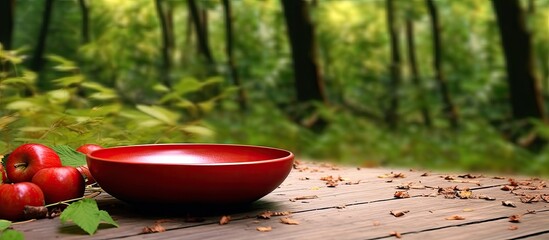 Poster - In the isolated garden, on a wooden table surrounded by green nature, stands a vibrant red dish, celebrating the concept of health through cooking, as autumn gently hints at the summers background