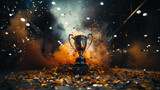 Fototapeta  - Celebration of Victory: Silver Trophy Embraced by Vibrant Confetti and Enveloped in Mystical Orange Smoke in dark atmosphere, floor covered in orange and black confetti, wallpaper 