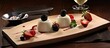 The restaurants exquisite presentation of the creamy vanilla panna cotta dessert on a wooden table, with elegant decoration, showcased the chefs skilled cooking and attention to detail, providing both