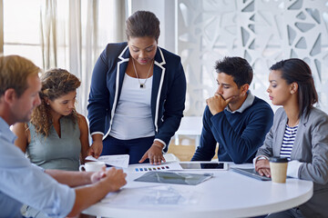 Fototapete - Business people, meeting and discussion in office with brainstorming, collaboration and documents or serious. Employees, men and women at corporate workplace with communication and planning with tech