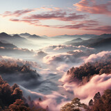 Fototapeta Krajobraz - gentle clouds resembling delicate morning mists floating over a serene landscape