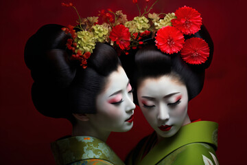 Wall Mural - two geisha women wearing traditional japanese costumes on a red background