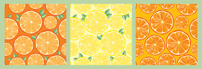 Set of Bright seamless pattern with lemon and oranges. Vector illustration in cartoon simple flat style. Fruits background.