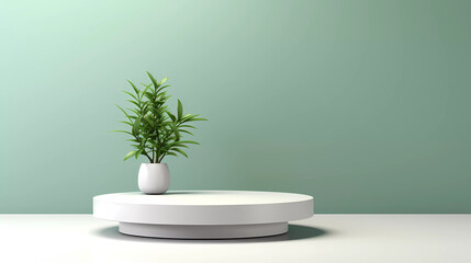 Wall Mural - A green and white room with a plant and a round table top with a plant in it and a round white vase