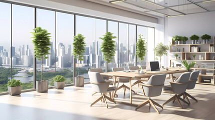 Wall Mural - A large open office with a large table and chairs and a plant in the middle of the room with a view of the city