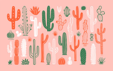 Wall Mural - Hand drawn cactus plant doodle set. Vintage style cartoon cacti houseplant illustration collection. Isolated element of nature desert flora, mexican garden bundle. Natural interior graphic decoration.