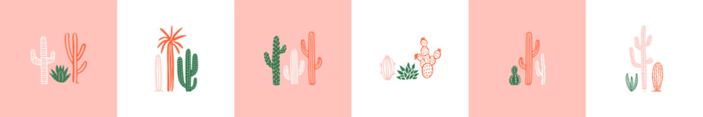 Hand drawn cactus plant doodle set. Vintage style cartoon cacti houseplant illustration collection. Isolated element of nature desert flora, mexican garden bundle. Natural interior graphic decoration.