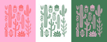 Hand Drawn Cactus Plant Doodle Set. Vintage Style Cartoon Cacti Houseplant Illustration Collection. Isolated Element Of Nature Desert Flora, Mexican Garden Bundle. Natural Interior Graphic Decoration.