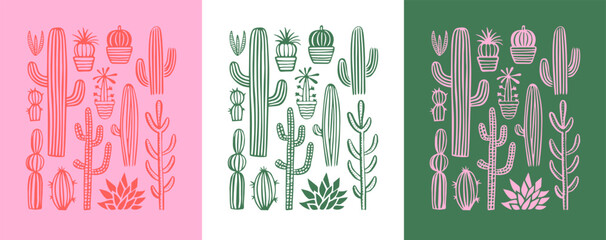 Aufkleber - Hand drawn cactus plant doodle set. Vintage style cartoon cacti houseplant illustration collection. Isolated element of nature desert flora, mexican garden bundle. Natural interior graphic decoration.