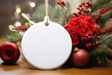 Wall Mural - White round ceramic element with string hangs on Christmas tree. Generative AI