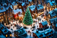 Craft An AI Image Showcasing A Top-down View Of A Christmas Tree Adorned With Miniature Winter Village Scenes, Miniature People, And Tiny Glowing Streetlights, Creating A Magical Holiday Panorama