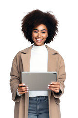 portrait of a happy beautiful african american woman smiling and holding a tablet isolated on transp