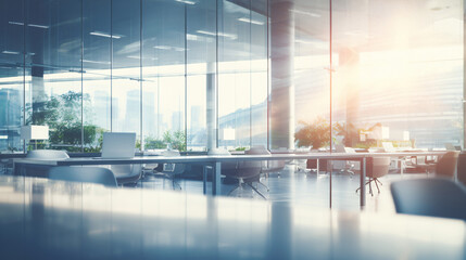  Beautiful blurred background of a light modern business office interior with panoramic windows and bright lighting	
